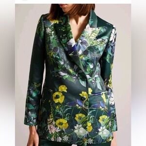 Ted Baker Botanical Print Blazer Bird Green Floral sz 6 XL Satin Women’s Aikaa